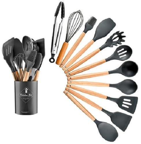 D.sirez Kitchen Cooking Utensils set-12 Piece (Including/with Tub) Non-Stick Silicone Cooking Utensils Spatula Set, Wooden Handle Heat Resistant Premium Quality Cooking Spatulas for Daily Use. (Grey)