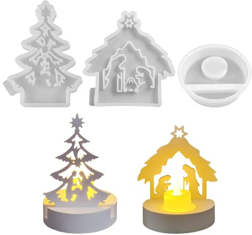 3 Stück Krippe Silikon Gießform Kerzenhalter, Silikonformen Gießformen Weihnachtsbaum & Krippe Set Giessformen zum Gießen, Silikonform Weihnachten, Gießformen Silikon für DIY Kerzenhalter Handwerk (A)