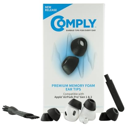 Comply TrueGrip Högkvalitativa öronsnäckor i minnesskum för Apple AirPods Pro 1/2, förbättrad komfort, säker passform, överlägsen ljudisolering, borttagnings- och rengöringsverktyg, svart, M (3 par)
