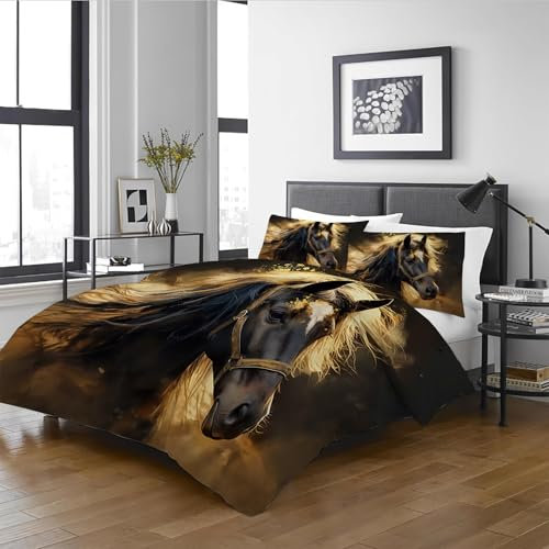 Housse de Couette 240 x 260 cheval majestueux Adulte 2 Personnes Parure de lit Microfibre Parure Housse Couette Zippée 240 260 Linge de Lit avec Fermeture éclair et 2x 65x65cm Taies d'oreiller