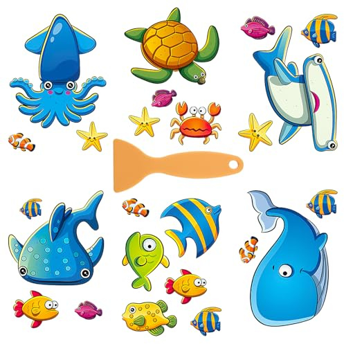 Smomend 24 PCS Anti-Rutsch-Badewanne Aufkleber Set für Kinder mit Meeresmotiv, Badewanne Antirutsch Aufkleber, Selbstklebende Sticker, rutschfest & Hautfreundlich, Inklusive Silikonschaber