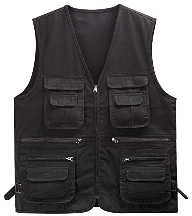Sukany Men's Casual Fishing Vest Lightweight Multi Pockets Outdoor Gilet Waistcoat Hunting Sleeveless Jacket Vest Safari Travel Vest (Black,M)