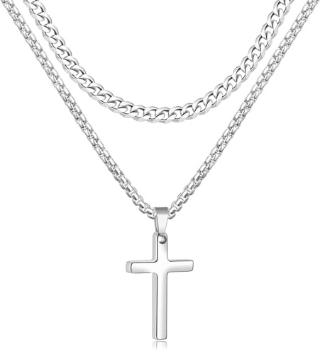 Fiusem Cross Necklace for Men, Silver Tone Mens Cross Necklaces Layered Stainless Steel Cross Pendant with Cuban Link and Box Chain 18in/20in