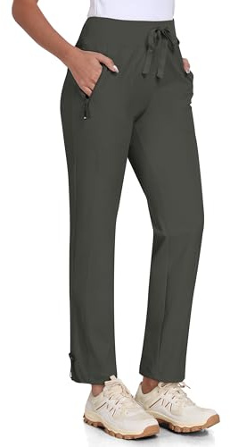 MoFiz Women's Walking Trousers Cargo Stretch Pants Lightweight Trousers for Work Casual Hiking Zip Pockets Green M