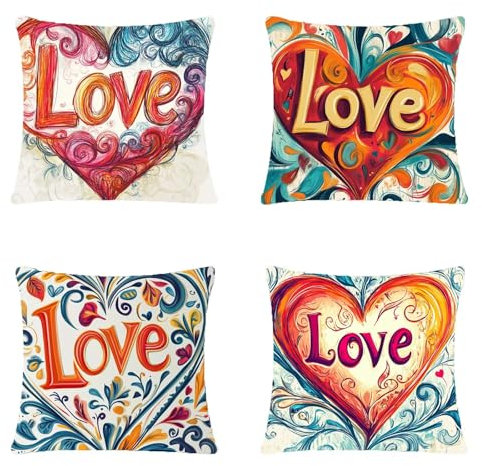 4 Stück Outdoor Kissen 80x80cm Leinen Material Balkon Dekoration, Outdoor Kissen Farbe Valentinstag Doppelseitiger Druck, Sehr geeignet für Camping im Freien Garten Bank Terrassen Auto Dekor jy-109