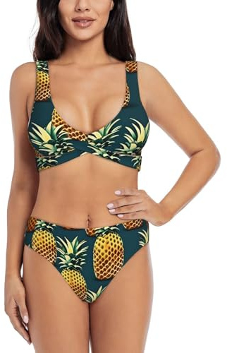 Retro ananas tryck snygga bikini-set, 2-delad baddräkt med avtagbara kuddar, perfekt för strand och pool, Svart, L