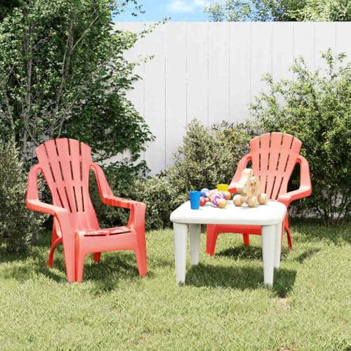 Mandloder Kinder-Gartenstühle 2er Set Rot aus robustem Polypropylen in Holzoptik, 37x34x44 cm, langlebige Outdoor Gartenmöbel Stühle für Kinder zum Spielen im Garten.