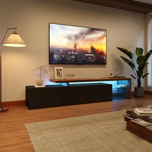 LIVLUX Meuble TV Moderne avec 3 Portes de Rangement et Étagères en Verre Intégrées, Lumières LED Variables, Convient pour Salon ou Chambre (Noir, 197 x 39 x 42 cm)