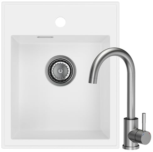 SINK QUALITY lavello bianco con rubinetto 40 x 50 cm – Set lavello in granito con rubinetto della cucina, sifone e impregnazione – lavello senza scolapiatti per mobiletti a partire da 40 cm di