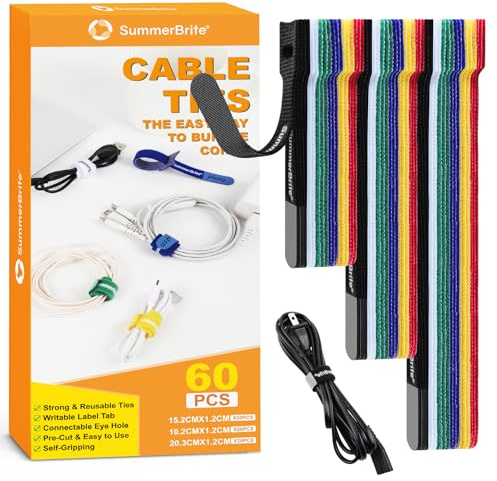 Summerbrite 60PCS Reusable Cable Ties Multicolor Cable Straps Releasable Extension Hook and Loop Cable Tidy Straps Cord Management for Home&Office Accessories PC Wire(3 Mixed Sizes)