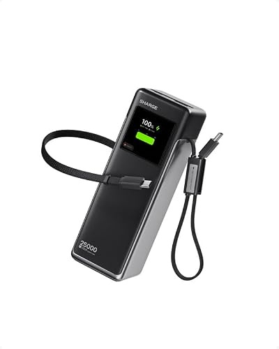 SHARGE 170W Power Bank 25000mAh per Laptop con Display TFT e 4 Porte | Cavi Integrati e Retrattil, 3 USB-C + USB-A, Ricarica Rapida Portatile per Viaggi/Ufficio, MacBook Pro/Air/Dell