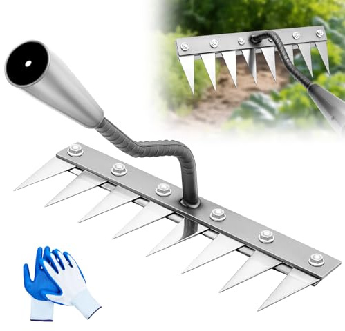 Oh Klyzo Juego de rastrillo de jardín de 8 dientes, herramienta de extracción de malas hierbas de acero al carbono resistente con guantes para desmalezar, aflojar el suelo, recoger el suelo, nivelar
