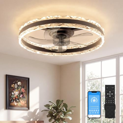 VOLISUN Smart Ceiling Fans with Light and Remote, 50cm Fandelier Ceiling Fan with Light, 3000K-6500K Dimmable Flush Mount LED Ceiling Fan Light, Black Modern Ceiling Fan Light for Bedroom
