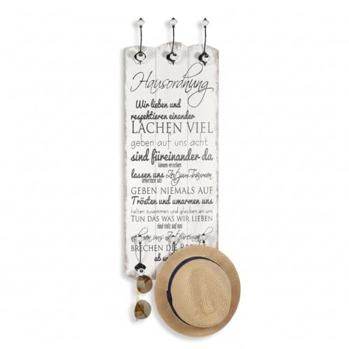 Melko Garderobenpaneel Hakenleiste Shabby 6 Kleiderhaken 100x40 cm Weiß | aus Paulownienholz mit dekorativen Schriftzügen, Haken einzeln montierbar, für Jacken und Mäntel, auch im Schlafzimmer