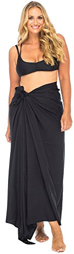 Back From Bali Womens Plus Size Sarong Swimsuit Cover Up Solid Beach Wear Bikini Wrap Skirt with Coconut Clip Black