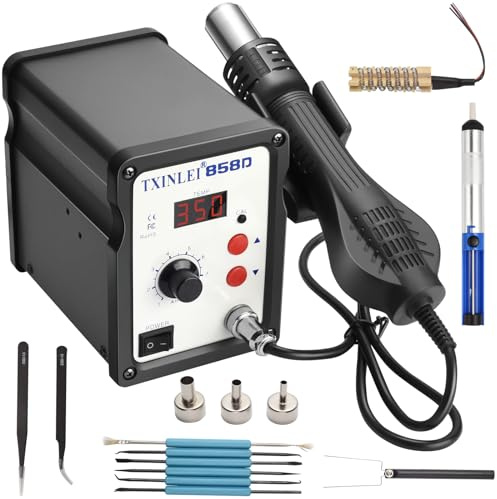 TXINLEI 858D 110V Solder Station, Digital Display SMD Hot Air Rework Station Solder Iron Kit Heat Gun, Tweezers, Desoldering Pump
