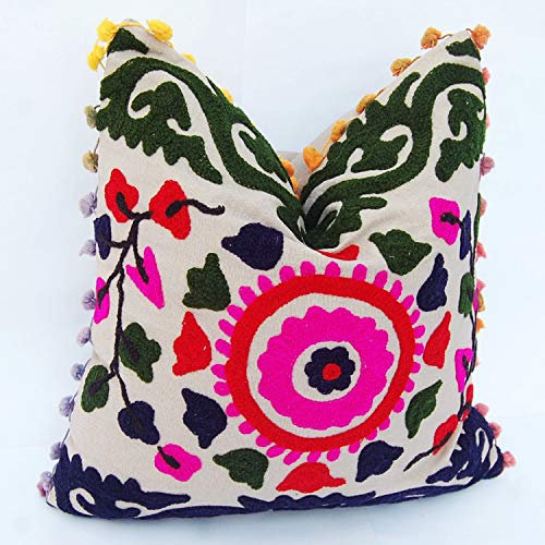 Traditional Jaipur Suzani Cushion, Indian Cushion Cover Pom Pom 16 x 16, Embroidered Decorative Decorative Cushion Case, Cotton Outdoor Cushion, Boho Pillow Shams