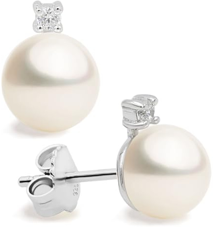 Damen Perlenohrringe Süßwasser Zuchtperlen Weiß mit Zirkonia SECRET & YOU- Perlenohrstecker Sterling Silber 925 mit großen Rücken oder Omega.