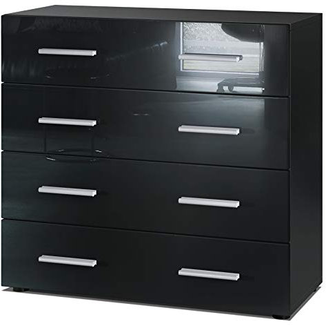 Vladon Sideboard Pavos, Kommode mit 4 Schubladen, Schwarz matt/Schwarz Hochglanz (76 x 72 x 35 cm)