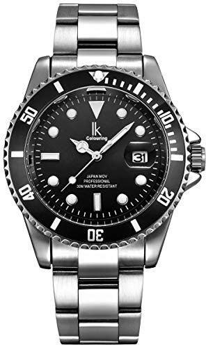 Alienwork Armbanduhr Herren Damen Silber Edelstahl Metallarmband Kalender Datum Schwarz Elegant