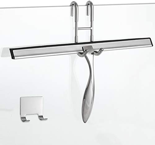 Simtive 14-Inch Shower Squeegee Set, Includes Shower Door Hook and Adhesive Hook, Squeegee for Shower Doors, Mirror and Window, Silver