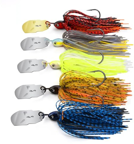 MadBite by KastKing Bladed Jig Fishing Lures, 5 pcs Multi-Color Kits, Irresistible Vibrating Action,Sticky-Sharp Heavy-Wire Needle Point Hooks, 3/8 oz Sizes, Includes Storage Box