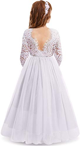 IWEMEK Ciglia Backless V-Back Pizzo Tulle Maxi Abito Manica Lunga Ragazza Matrimonio Onore Abiti da Prom Ceremonie Prima Comunione Festa Compleanno Abiti per Bambini, bianco, 5-6 Anni