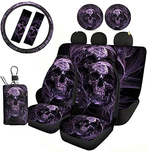 Jeiento Purple Skull Car Seat Cover Protector Full Set 10 pcs Front & Rear Seat Cover SUV Car Sedan with Steering Wheel Cover + Seatbelt Strap Cover+ Coasters+ Key Chains Universal Fit