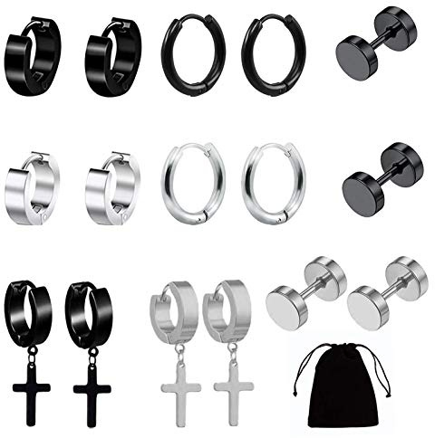 8 Paare Edelstahl Ohrringe Kreuz, Creolen Schwarz Ohrstecker Set Ohrringe Männer Ohrschmuck Piercing Edelstahl Ohrclips Tunnel Piercing Set Diamant für Herren Damen