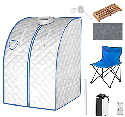 COSTWAY Sauna Cabine Pliable 1000W (Argent) | Sauna à Vapeur Portable 3L avec Télécommande, 9 Options de Minuterie et Couvercle en Verre Trempé Anti-Explosion
