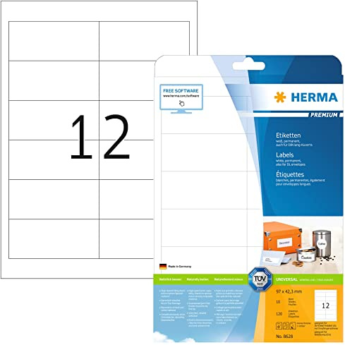 HERMA 8628 Universal Etiketten, 320 Blatt, 97 x 42,3 mm, 12 pro A4 Bogen, 3840 Stück, selbstklebend, bedruckbar, matt, blanko Papier Klebeetiketten Aufkleber, weiß