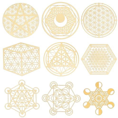OLYCRAFT 9 calcomanías de cobre de geometría sagrada con diseño de flor de la vida, material de torre de energía para álbumes de recortes, manualidades de resina, decoración de teléfono y botellas de