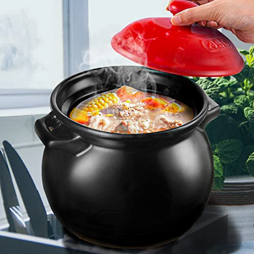 Pots en argile pour la cuisson d'une grande marmite à soupe, cocotte hollandaise antiadhésive avec couvercle terrines Conduction rapide de la chaleur, durable et facile à nettoyer, black-3.5L (Black