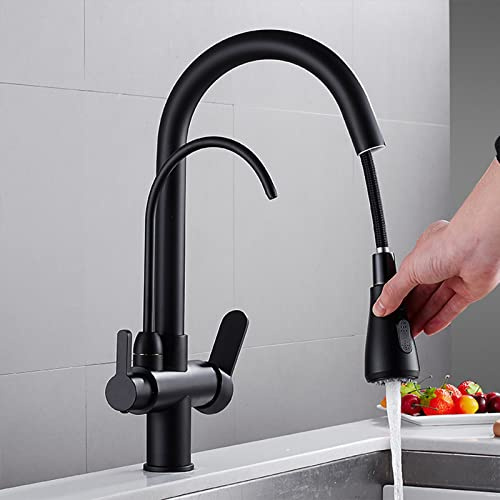 Robinet 3 Voies Cuisine Robinet Osmoseur Extractible Douchette Robinet Cuisine Robinet D'evier d'eau Potable Mitigeur Evier Cuisine avec Douchette Mitigeur D'evier 3 Voies,Noir
