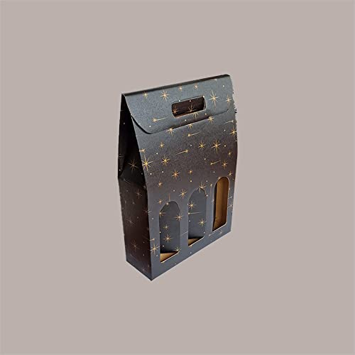Lucgel Aufbewahrungsbox für 3 Flaschen Wein Öl aus Pappe Schwarz Grafik Sterne Gold 270 x 90 H 385 mm - 10 Stück -