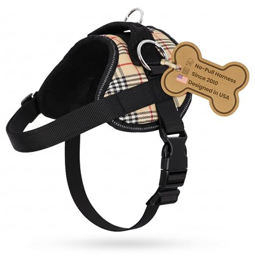 Bark Appeal Tan Plaid No-Pull Dog Harness for Extra Small to Small Sized Pets – Adjustable, Reflective Vest with 3 Leash Clips for Added Control, Easy Walks & Training – Small