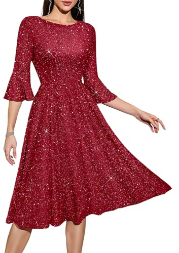 HomRain Womens Glitter Formal Graduation Dress Long Sleeve Knee Length Cocktail Prom Dresses for Women Evening Party Glitter-Burgundy 2XL