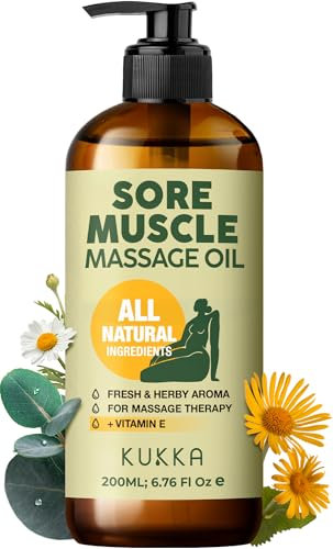 Kukka Sore Muscle Massage Oil for Massage Therapy - 200ml - 100% Pure Natural, Eucalyptus Roman Chamomile Blended, Relaxing Body for Pain Women & Men, Spa Quality & Light Weight