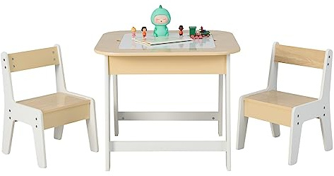 RELAX4LIFE Set Tavolo e 2 Sedie per Bambini, con Lavagna a Doppia Faccia e Spazio per Giocattoli, Tavolino Multiattività in Legno con 2 Sedie per Bambini da 3-6 Anni, per Cameretta (Bianco)
