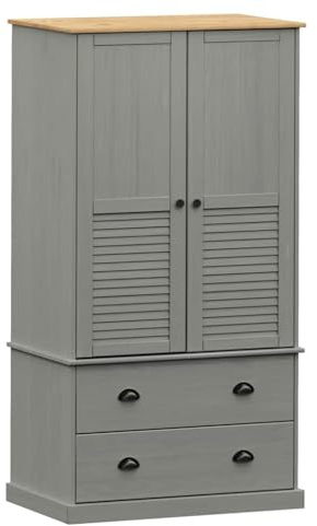 vidaXL Kleiderschrank, 90x55x170 cm, Garderobenschrank mit Kleiderstange, Schlafzimmerschrank Schrank mit 2 Schubladen, Holzschrank Flurschrank, Grau Massivholz Kiefer