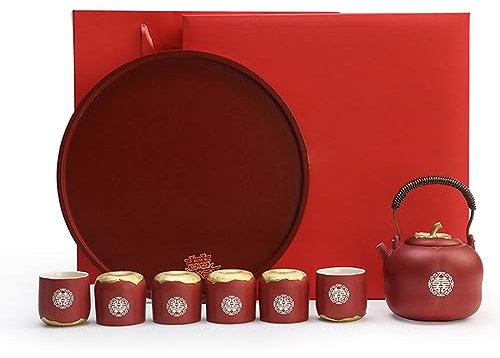 Service à thé de mariage japonais en porcelaine Kungfu - Théière traditionnelle en céramique - Double bonheur - Rouge - Décoration de mariage (1 théière + 6 tasses à thé + plateau + coffret cadeau)