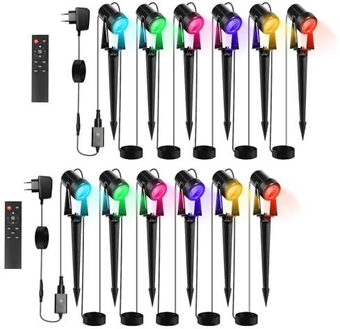 Gimisgu Gartenbeleuchtung LED, 6 in 1 RGB Farbwechsel Gartenleuchten LED mit Erdspieß, 12er Set Gartenlampe Wegbeleuchtung mit Stecker und Fernbedienung, IP65 Wasserdicht für Garten Teich