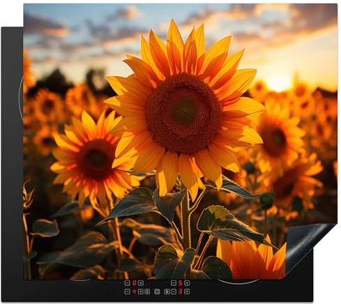 KitchenYeah© Herdabdeckplatte Einteilig Ceranfeld Abdeckplatte Küche Deko | 60x52 cm - Ceranfeldabdeckung Herdabdeckung Induktionsmatte Sonnenblume - Sonnenuntergang - Blumen - Natur - Gelb