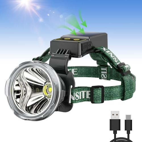 BlueYu Lampe Frontale Rechargeable, 5000L lampe frontale solaire, USB C rechargeable en 3 modes avec capteur de mouvement, 90° Réglable pour Camping/Randonnée/Pêche