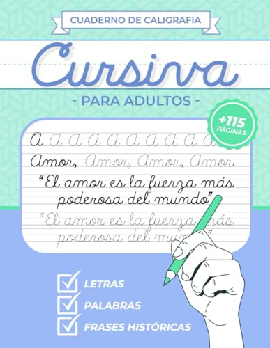 Cuaderno de Caligrafía Cursiva para Adultos | CaligrafÍa para adultos en español: Mejora tu caligrafía en letra cursiva con letras, palabras y frases ... a mano para adultos | Escritura cursiva