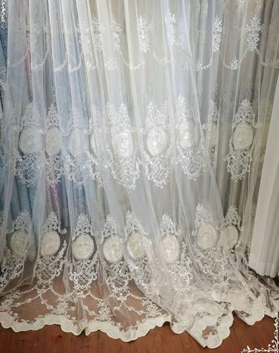 Beydodo Gardinen für Schienensystem 132x183CM, Vorhänge Weiß 2er Set Haken Jacquard mit Blumen Filigran Motiv Gardinenschals Polyester Halbtransparent für Wohnzimmer Schlafzimmer Küche