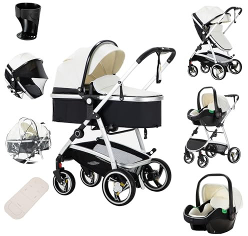 Zkiprm Cuero Cochecito 3 en 1 Sistema de Viaje con Capazo y Silla de Coche - Plegable, Ruedas PU con Suspensión, Incluye Mosquitera, Cubrepies y Funda de Lluvia (Bebés de 0 a 48 Meses) Blanco