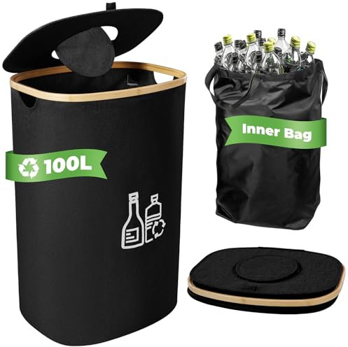 Bangleo Pfandflaschen Sammelbehälter 100L, Flaschensammler Leergut mit Waschmaschinenfeste Flaschentasche, Bambusrahmen Pfandbehälter für Leergut Sammlung & Aufbewahrung (Schwarz)