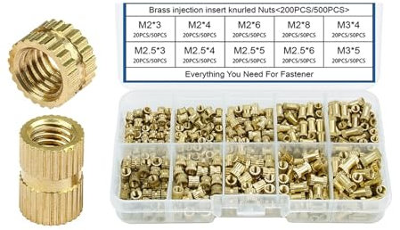 LIUCH AXK 200/500pcs Brass Insert Nuts Kit Female Threaded Insert Set Knurled Nuts Assortment Kit M2 M2.5 M3(M2 M2.5 M3 500PCS)