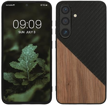 kwmobile Coque Compatible avec Samsung Galaxy S25 - Housse en Bois et Fibre Carbone Brun foncé-Noir